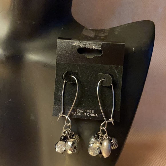 Black and silver beaded earrings with hook and eye fish hooks - Picture 2 of 3